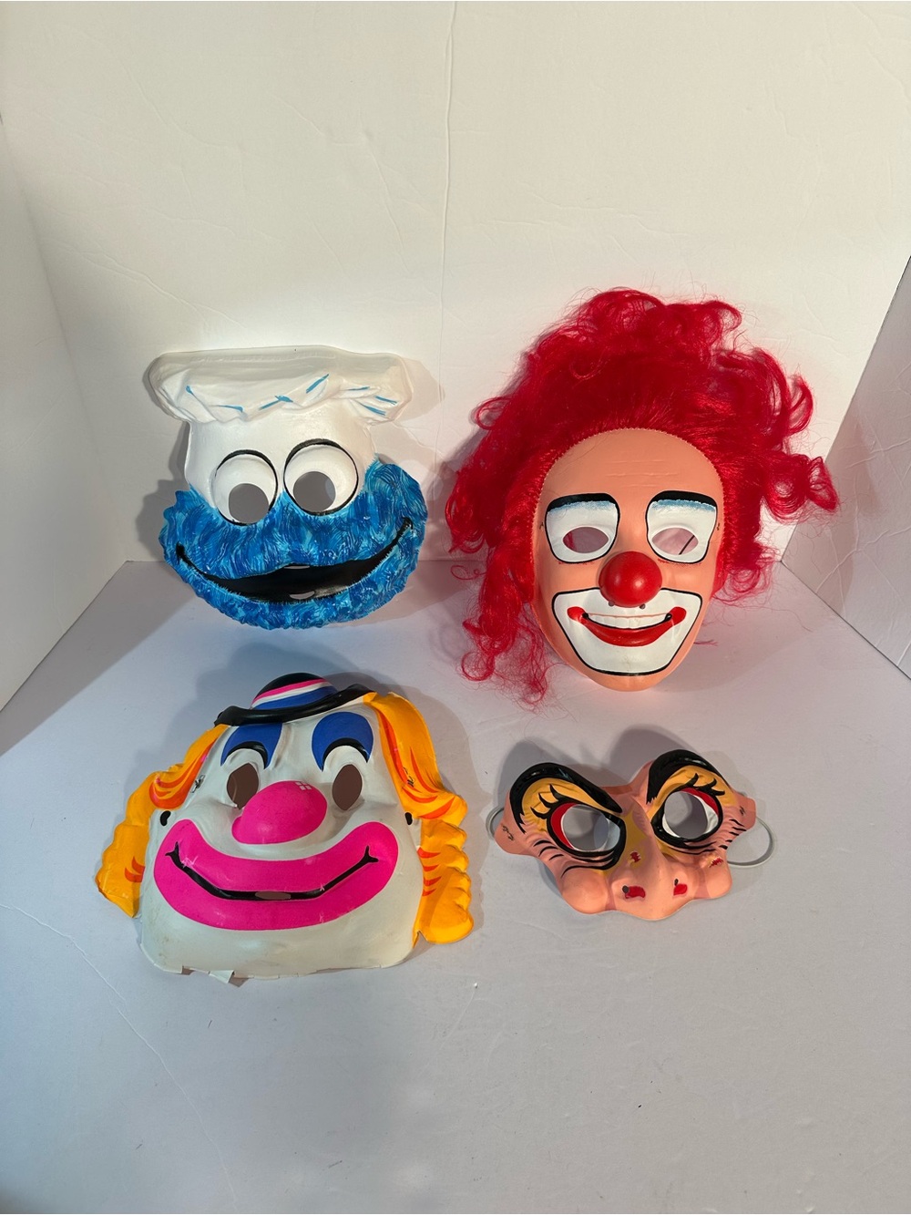 Vtg 70s/80s Plastic Halloween Masks Lot Of 4 Cookie Monster Witches Eyes Clowns